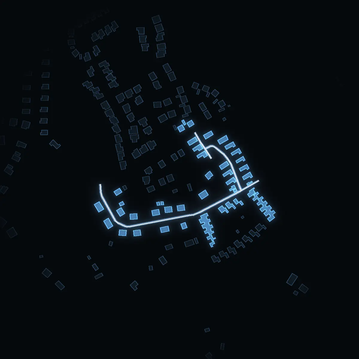 The street at night: Hultvägen drawn in white, its buildings lit in the colour of their area’s income