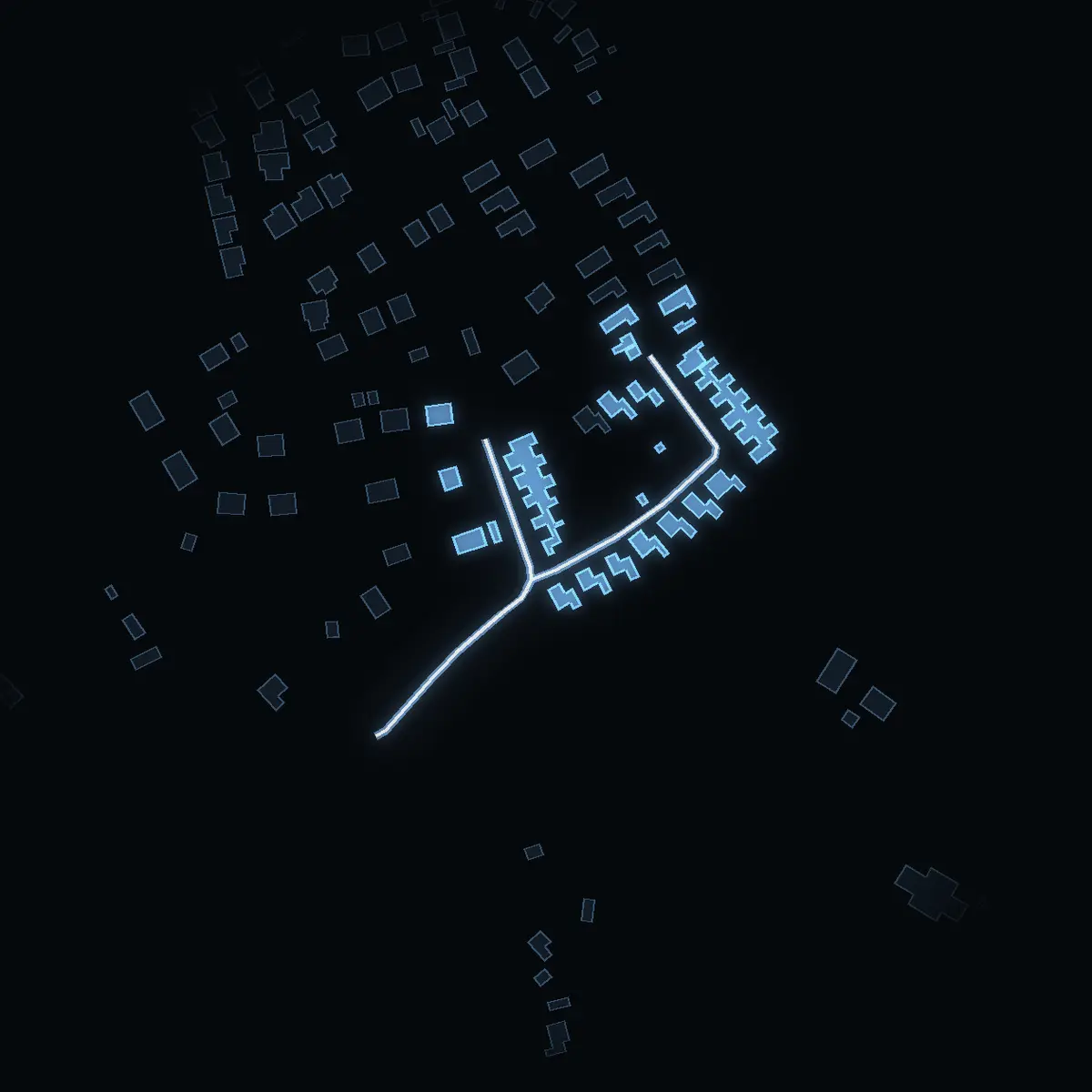 The street at night: Husbystigen drawn in white, its buildings lit in the colour of their area’s income