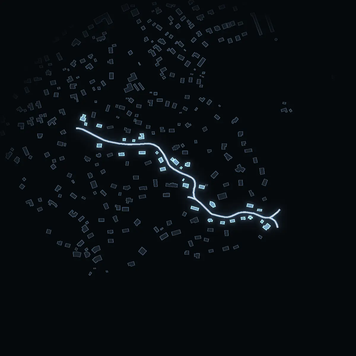 The street at night: Katarinavägen drawn in white, its buildings lit in the colour of their area’s income
