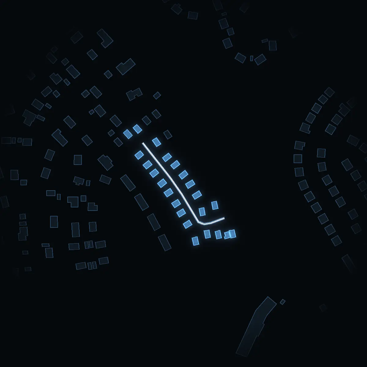 The street at night: Krutvägen drawn in white, its buildings lit in the colour of their area’s income
