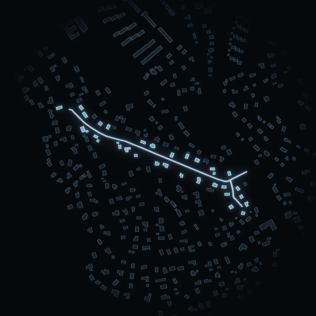 The street at night: Kvarnåsvägen drawn in white, its buildings lit in the colour of their area’s income