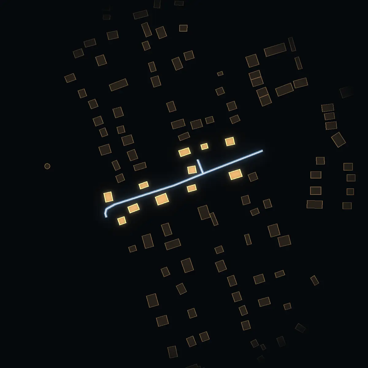 The street at night: Libbyvägen drawn in white, its buildings lit in the colour of their area’s income