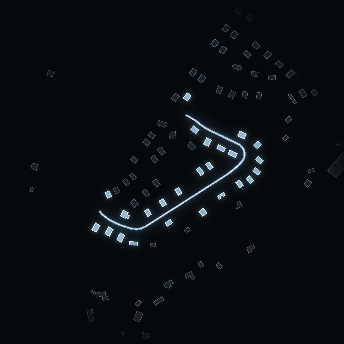 The street at night: Lidvägen drawn in white, its buildings lit in the colour of their area’s income