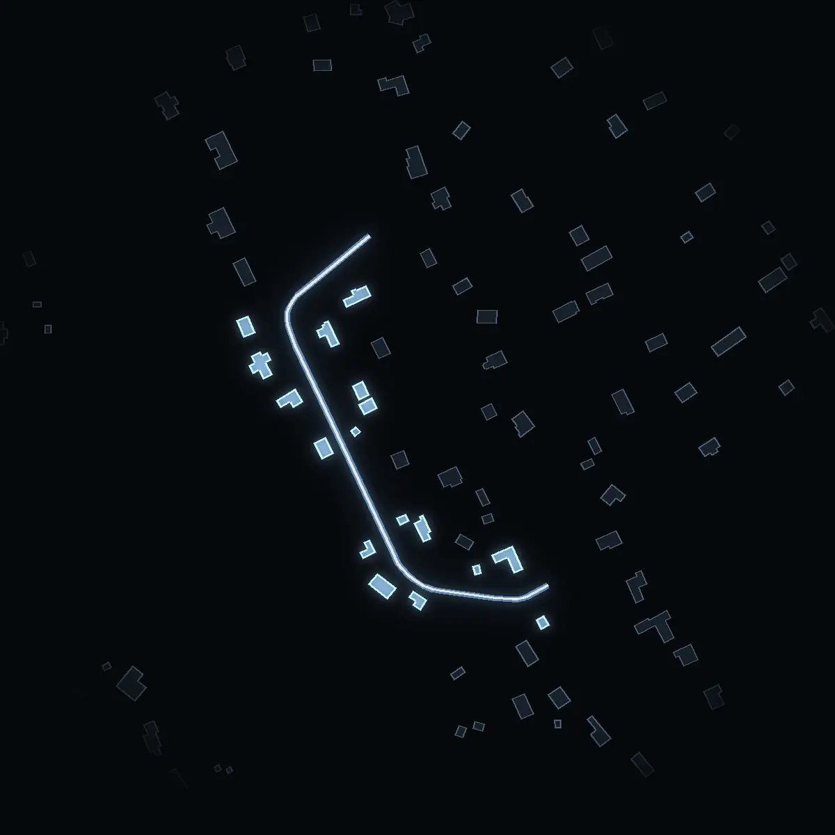 The street at night: lillsundsvägen drawn in white, its buildings lit in the colour of their area’s income