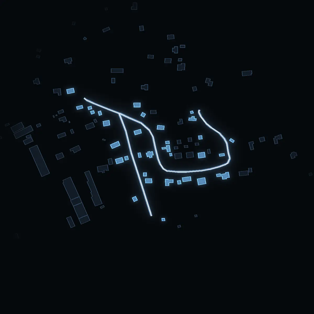 The street at night: Lindgårdsvägen drawn in white, its buildings lit in the colour of their area’s income