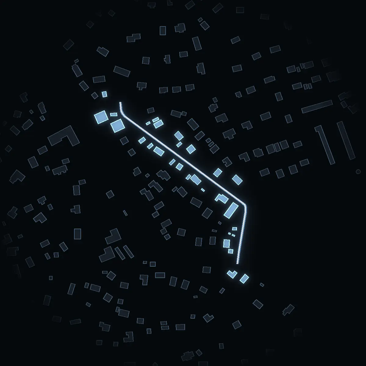 The street at night: Lindholmsvägen drawn in white, its buildings lit in the colour of their area’s income