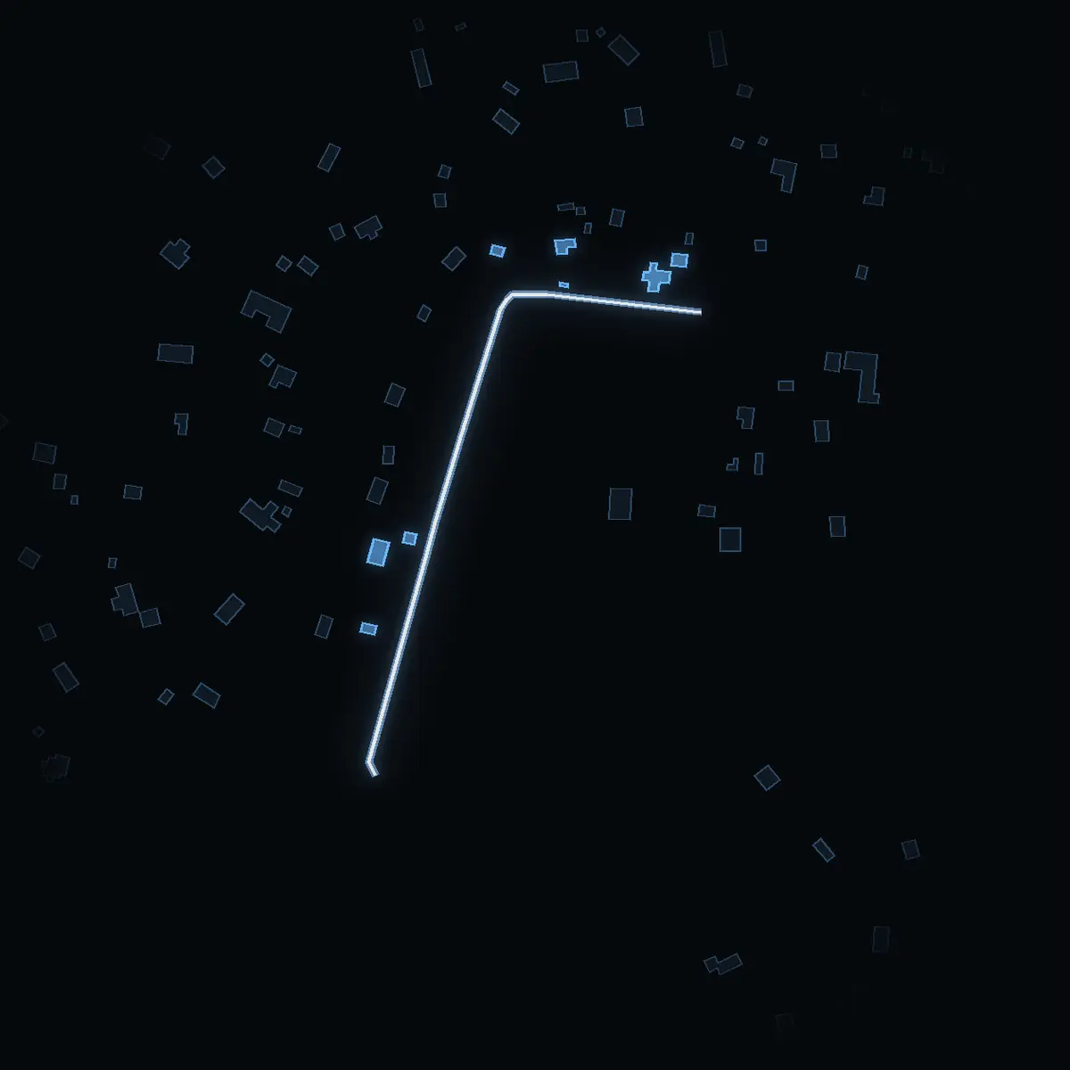The street at night: Lostigen drawn in white, its buildings lit in the colour of their area’s income