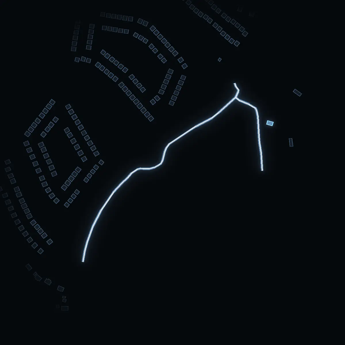 The street at night: Malmskogsvägen drawn in white, its buildings lit in the colour of their area’s income