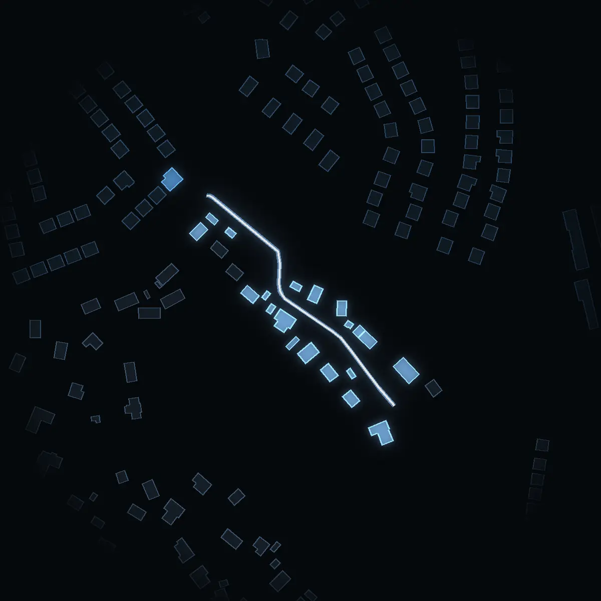 The street at night: Margretelundsbacken drawn in white, its buildings lit in the colour of their area’s income