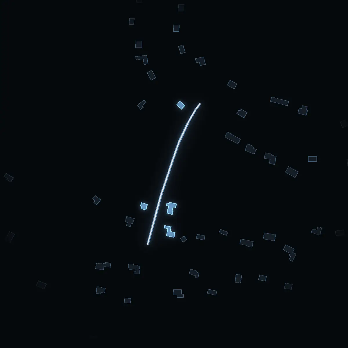 The street at night: Matrosvägen drawn in white, its buildings lit in the colour of their area’s income