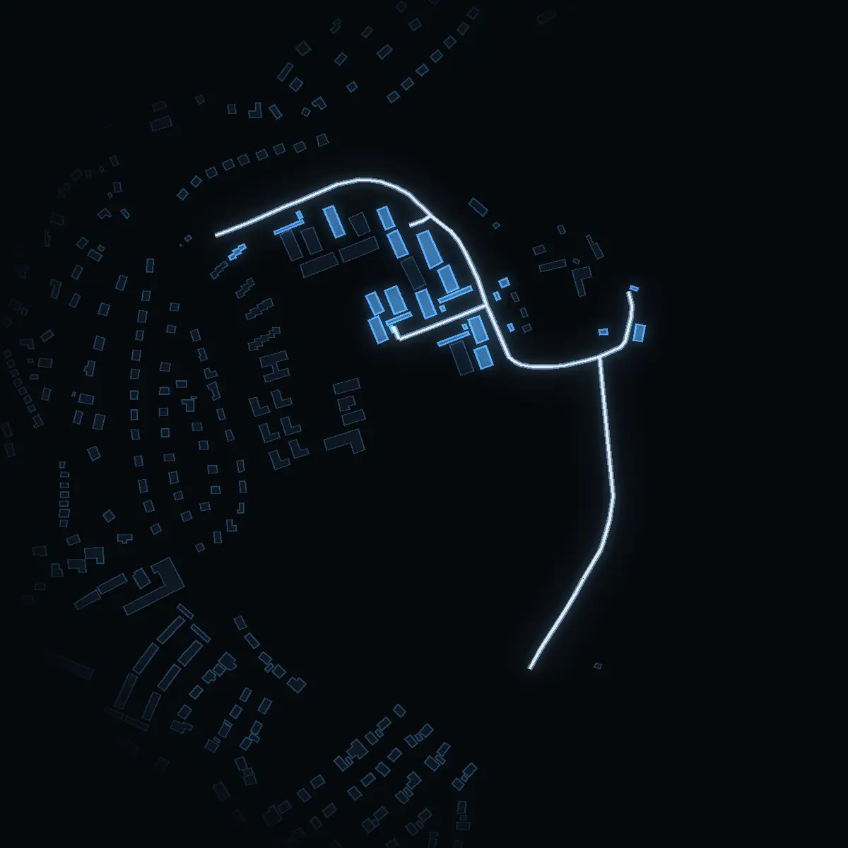The street at night: Mönstringsvägen drawn in white, its buildings lit in the colour of their area’s income