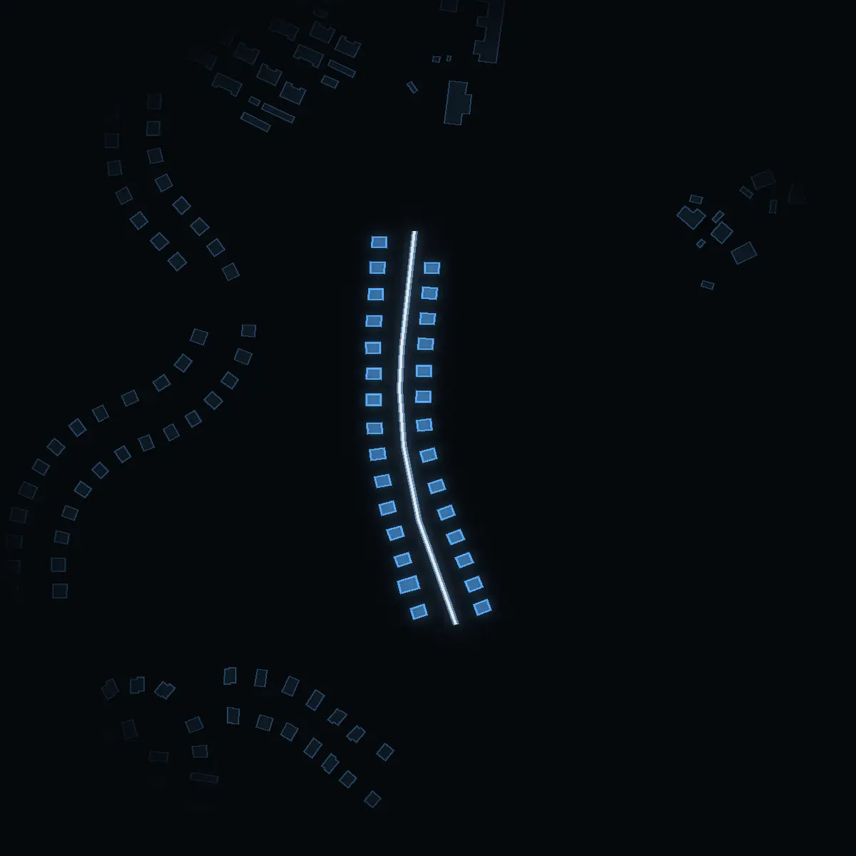 The street at night: Myrvägen drawn in white, its buildings lit in the colour of their area’s income