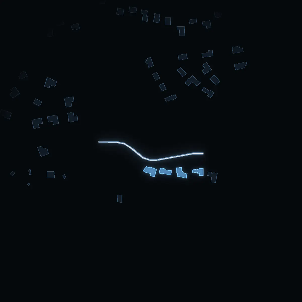 The street at night: Notvarpsvägen drawn in white, its buildings lit in the colour of their area’s income