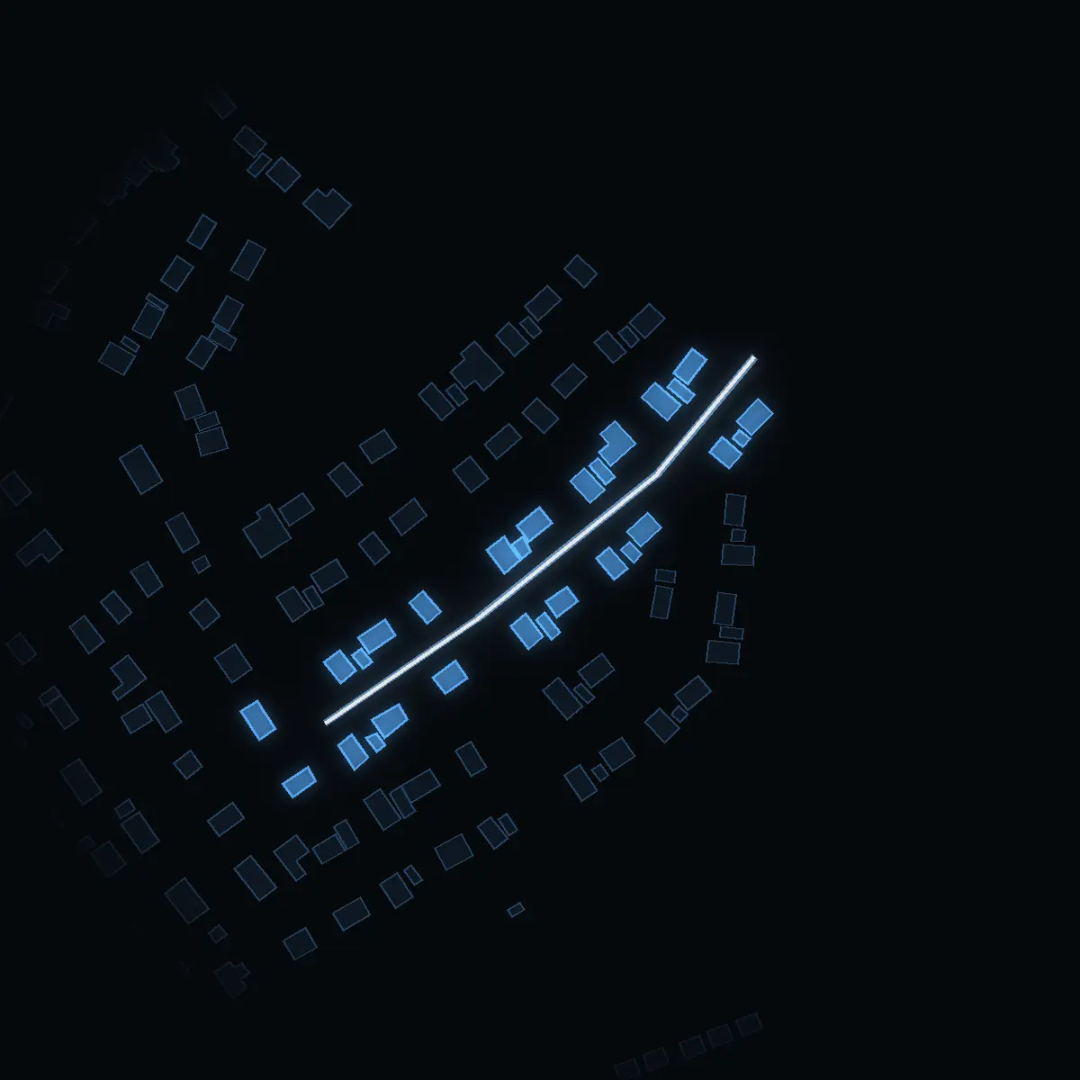 The street at night: Ollonvägen drawn in white, its buildings lit in the colour of their area’s income