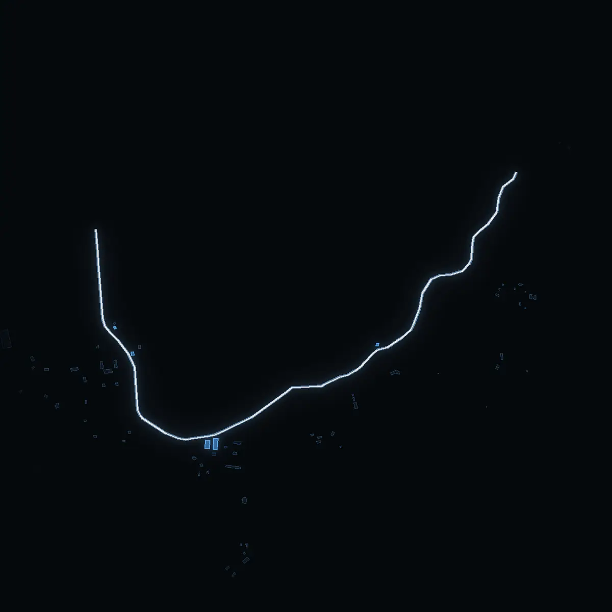 The street at night: Östanåvägen drawn in white, its buildings lit in the colour of their area’s income