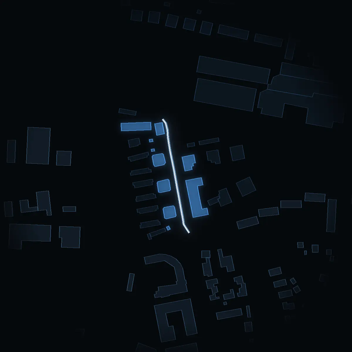 The street at night: Österkärsvägen drawn in white, its buildings lit in the colour of their area’s income