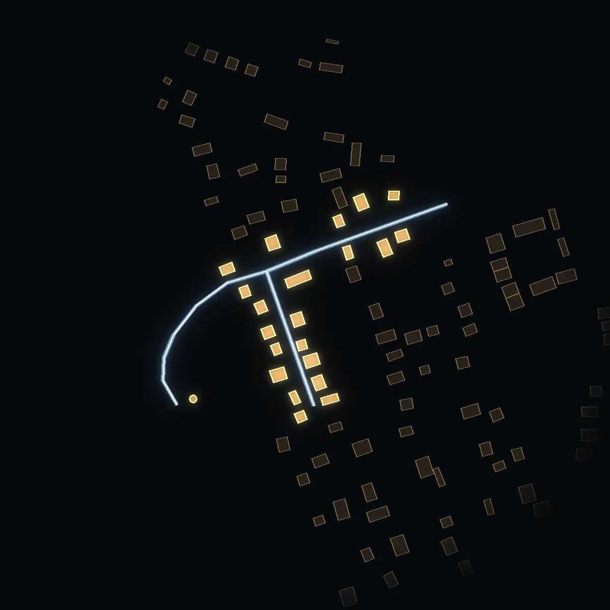 The street at night: Rydbo tornväg drawn in white, its buildings lit in the colour of their area’s income