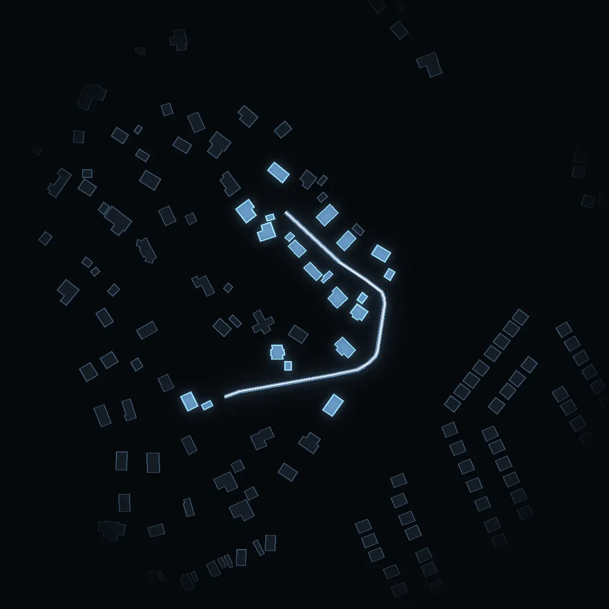The street at night: Sabelbacken drawn in white, its buildings lit in the colour of their area’s income