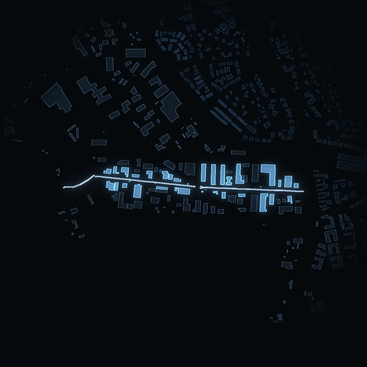 The street at night: Sågvägen drawn in white, its buildings lit in the colour of their area’s income