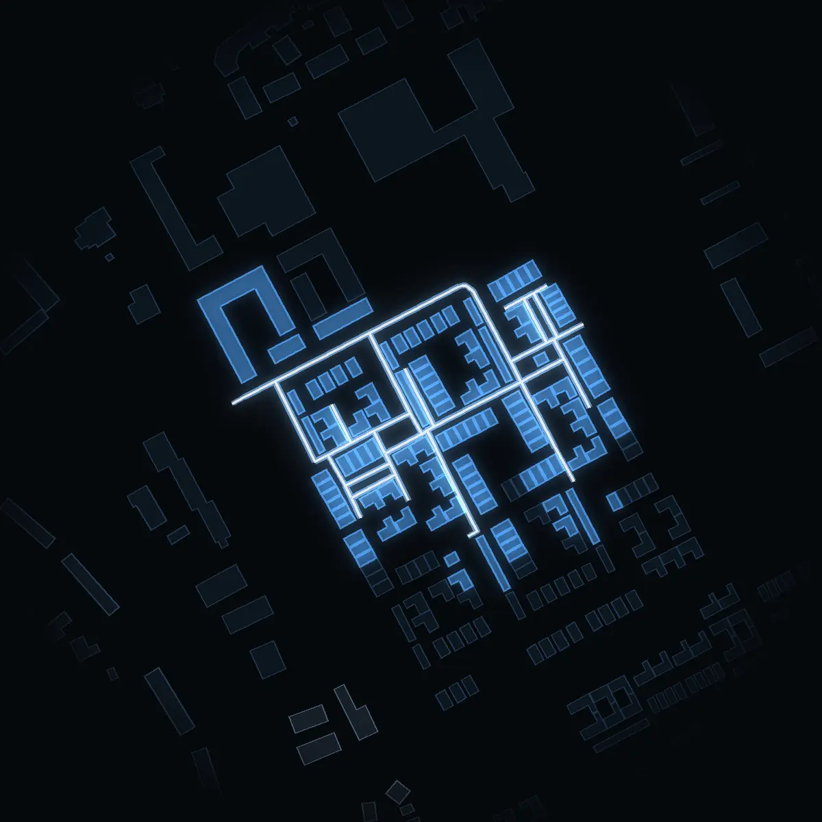 The street at night: Simborgarvägen drawn in white, its buildings lit in the colour of their area’s income