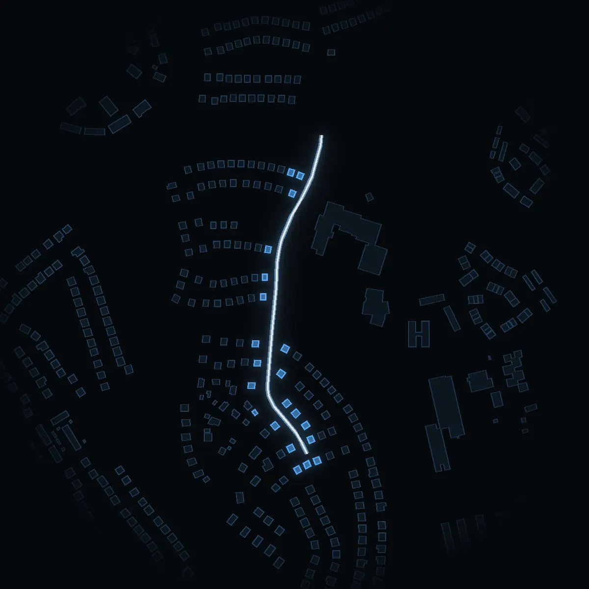 The street at night: Sjöfågelvägen drawn in white, its buildings lit in the colour of their area’s income
