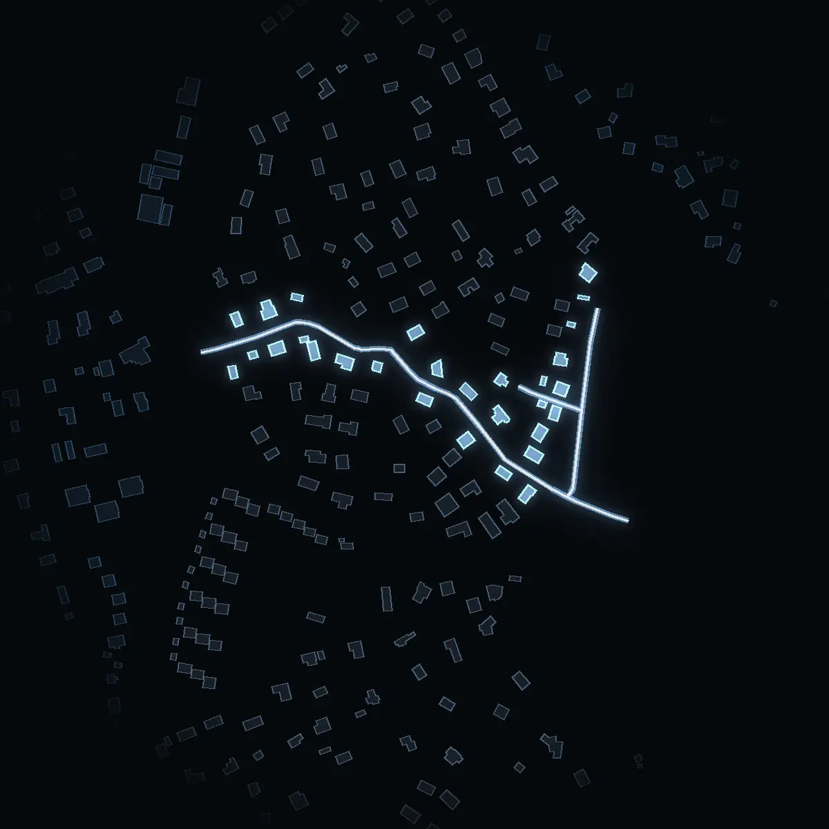 The street at night: Sjövägen drawn in white, its buildings lit in the colour of their area’s income