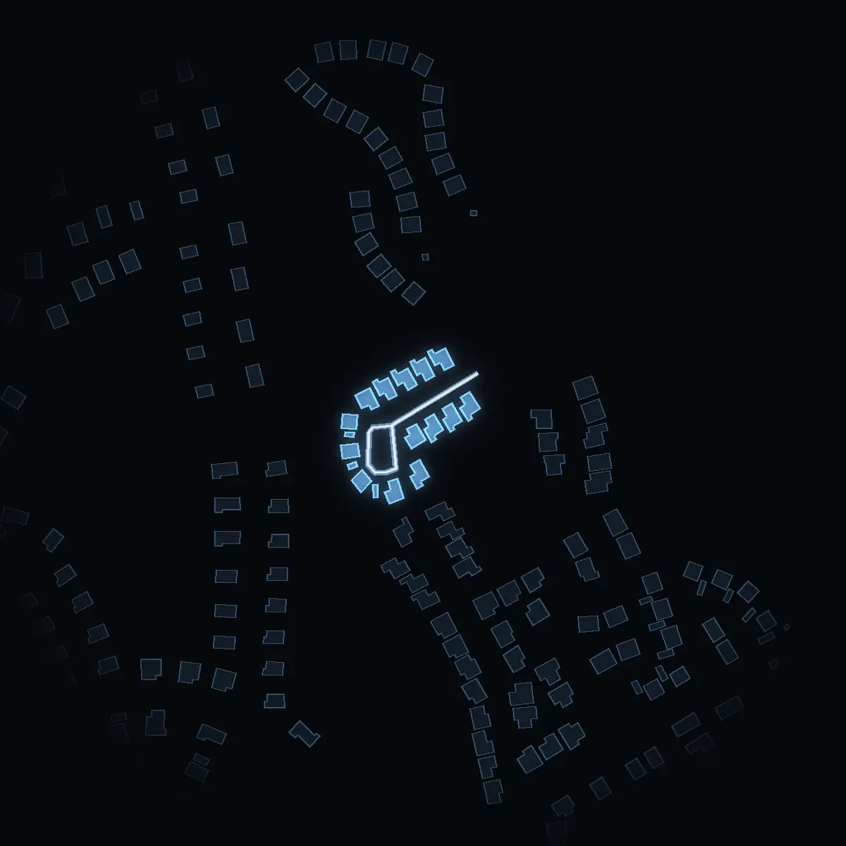 The street at night: Skogsråstigen drawn in white, its buildings lit in the colour of their area’s income