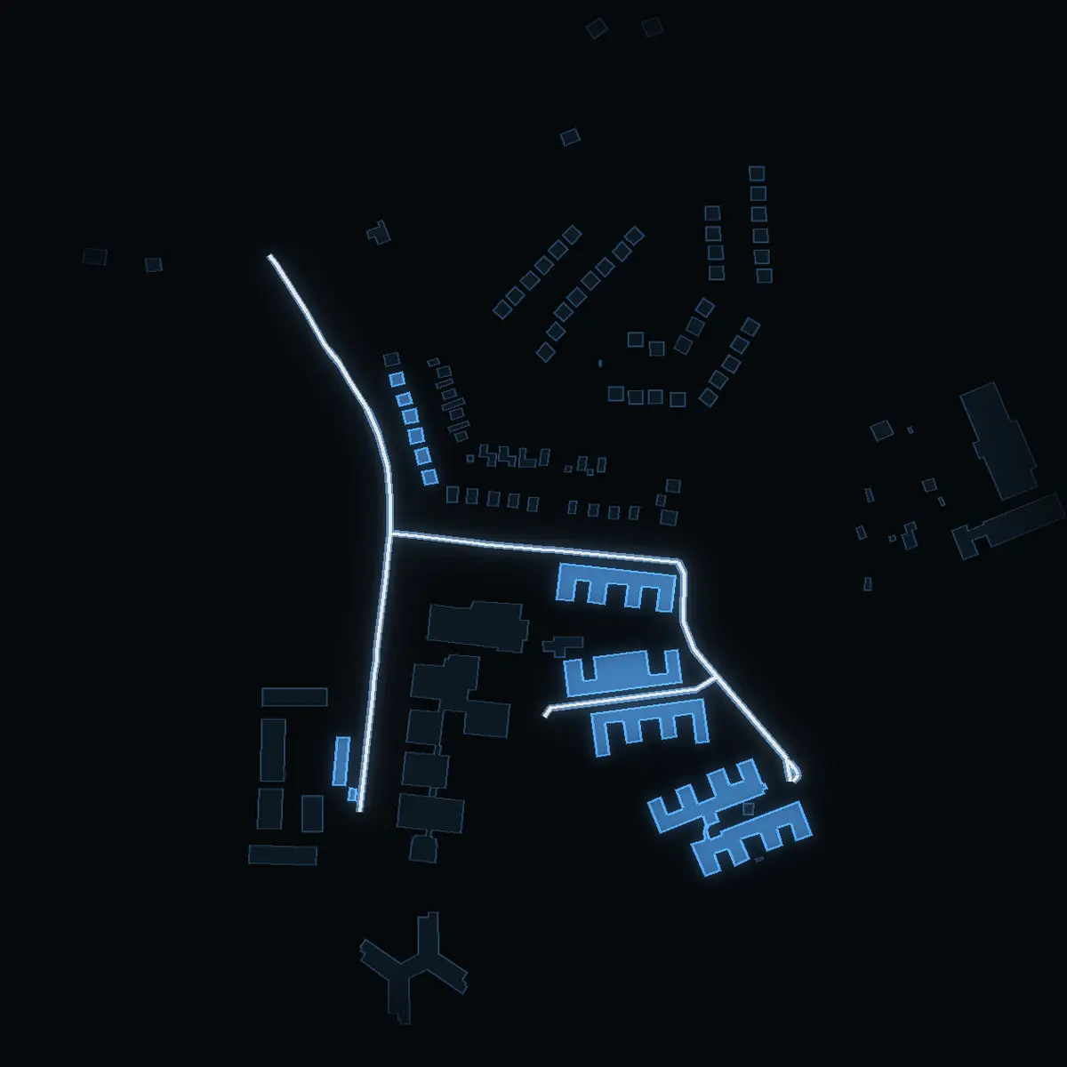 The street at night: Solskiftesvägen drawn in white, its buildings lit in the colour of their area’s income