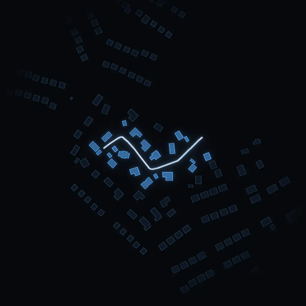 The street at night: Spinnarvägen drawn in white, its buildings lit in the colour of their area’s income