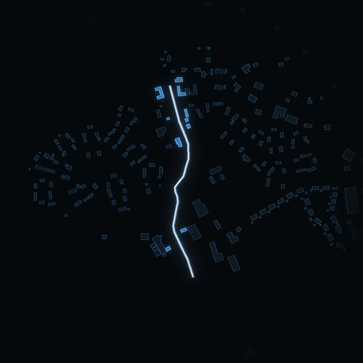 The street at night: Stora Säbyvägen drawn in white, its buildings lit in the colour of their area’s income