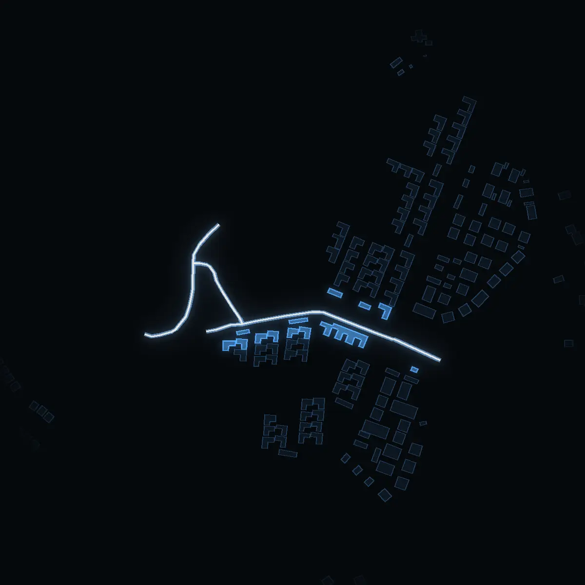 The street at night: Storhagenvägen drawn in white, its buildings lit in the colour of their area’s income