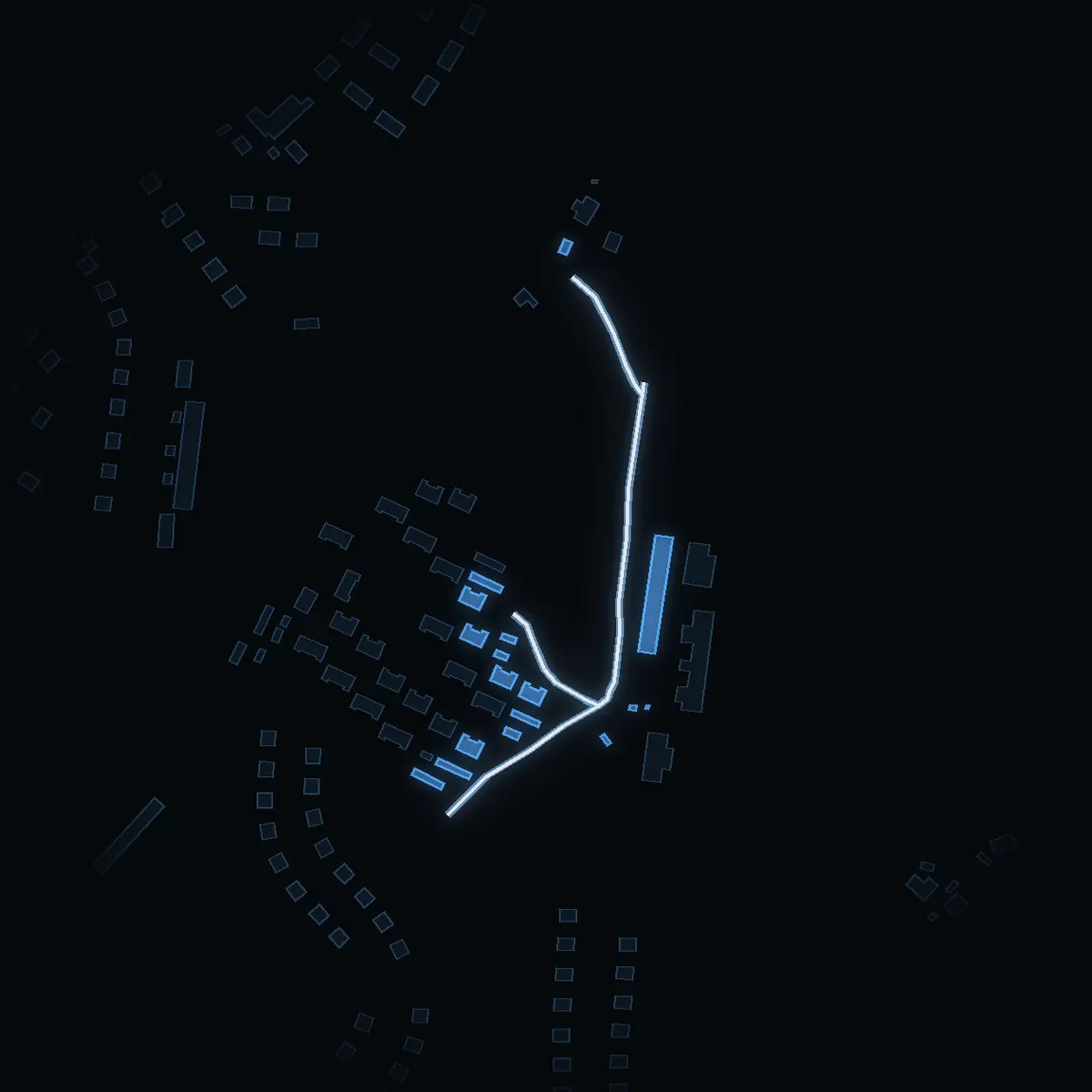 The street at night: Svampvägen drawn in white, its buildings lit in the colour of their area’s income
