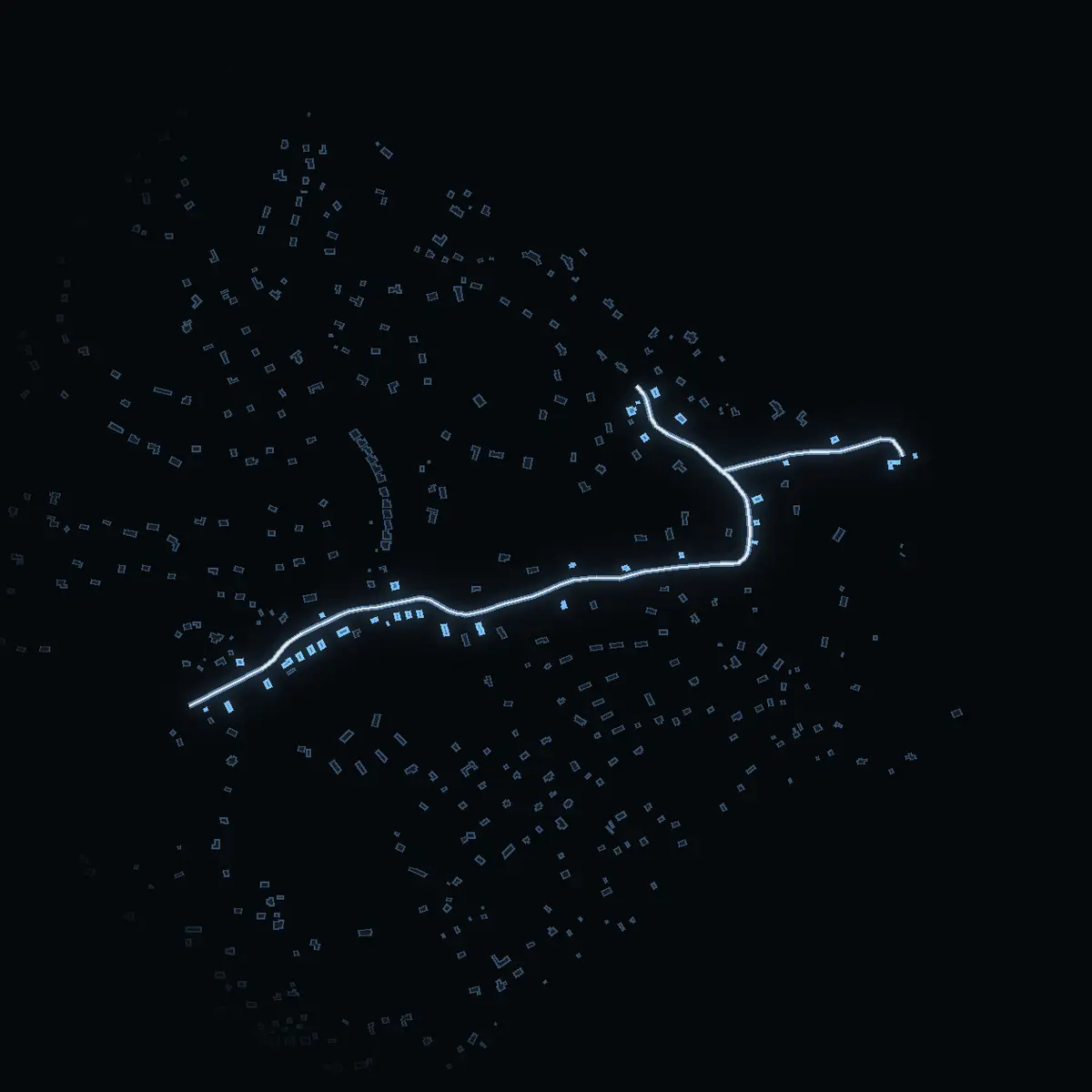 The street at night: Svinningeuddsvägen drawn in white, its buildings lit in the colour of their area’s income