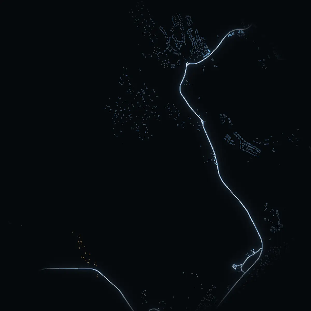 The street at night: Svinningevägen drawn in white, its buildings lit in the colour of their area’s income
