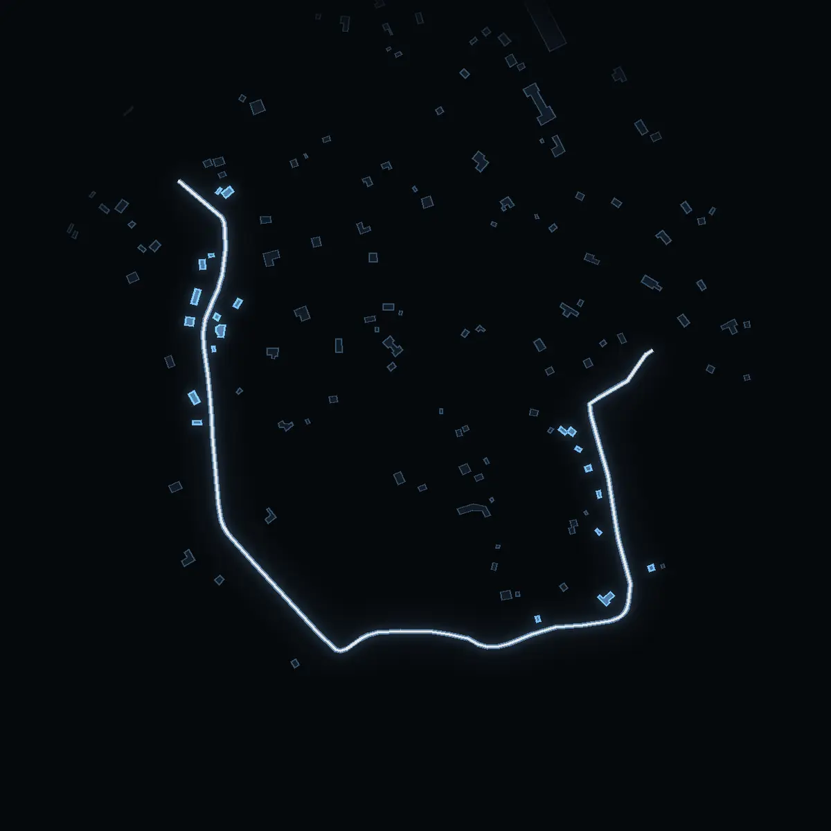 The street at night: Täljö ringväg drawn in white, its buildings lit in the colour of their area’s income