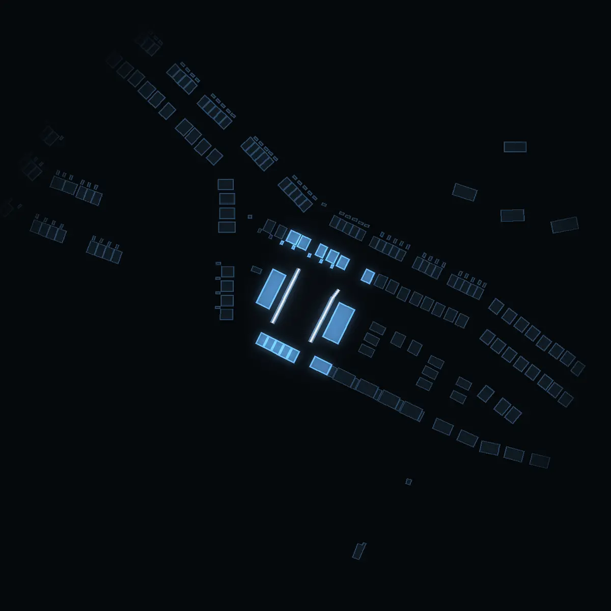 The street at night: Täljövikstorget drawn in white, its buildings lit in the colour of their area’s income