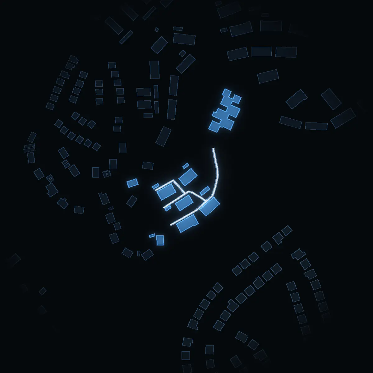 The street at night: Tallsättrastigen drawn in white, its buildings lit in the colour of their area’s income