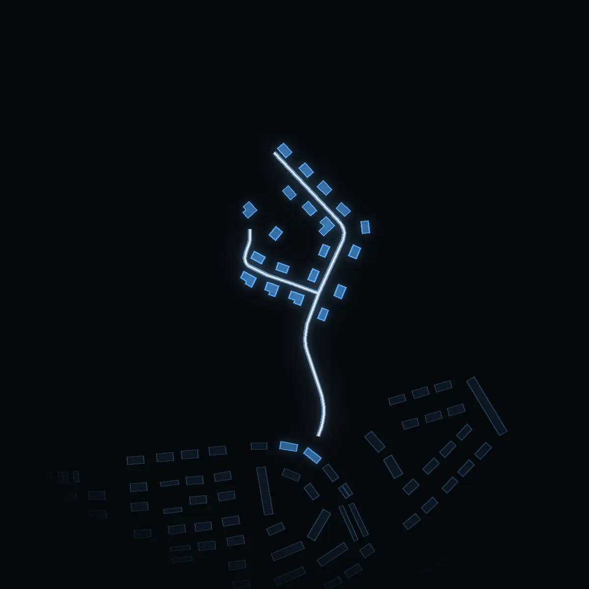 The street at night: Tryffelvägen drawn in white, its buildings lit in the colour of their area’s income