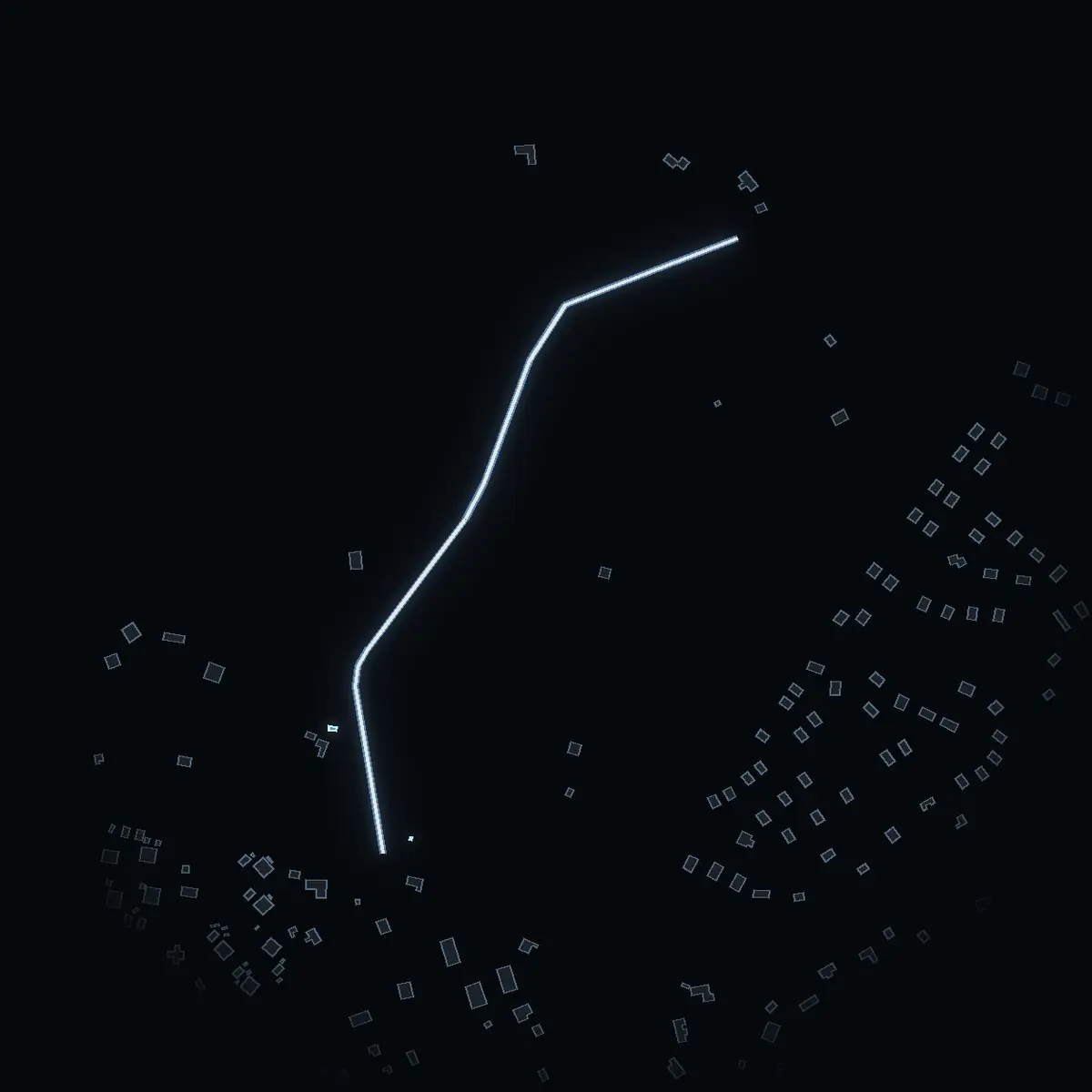 The street at night: Valsättravägen drawn in white, its buildings lit in the colour of their area’s income