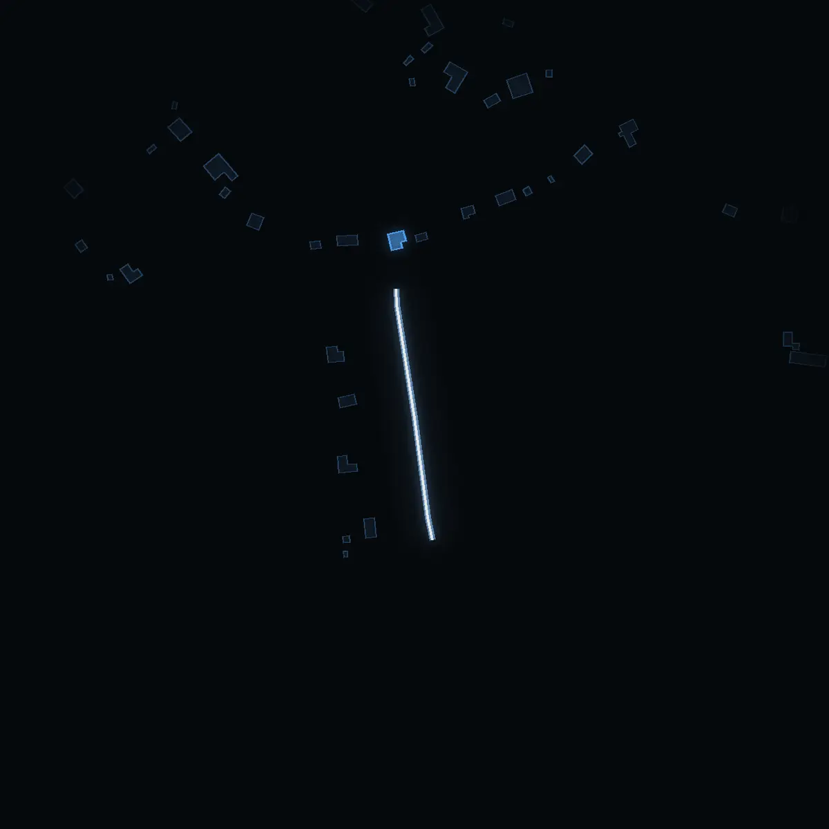 The street at night: Västanhagsvägen drawn in white, its buildings lit in the colour of their area’s income