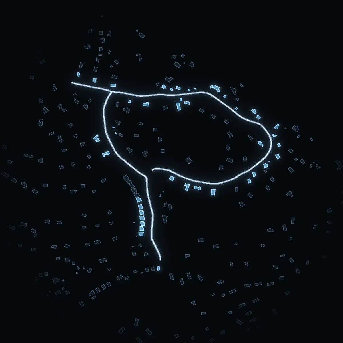 The street at night: Västerskärsringen drawn in white, its buildings lit in the colour of their area’s income