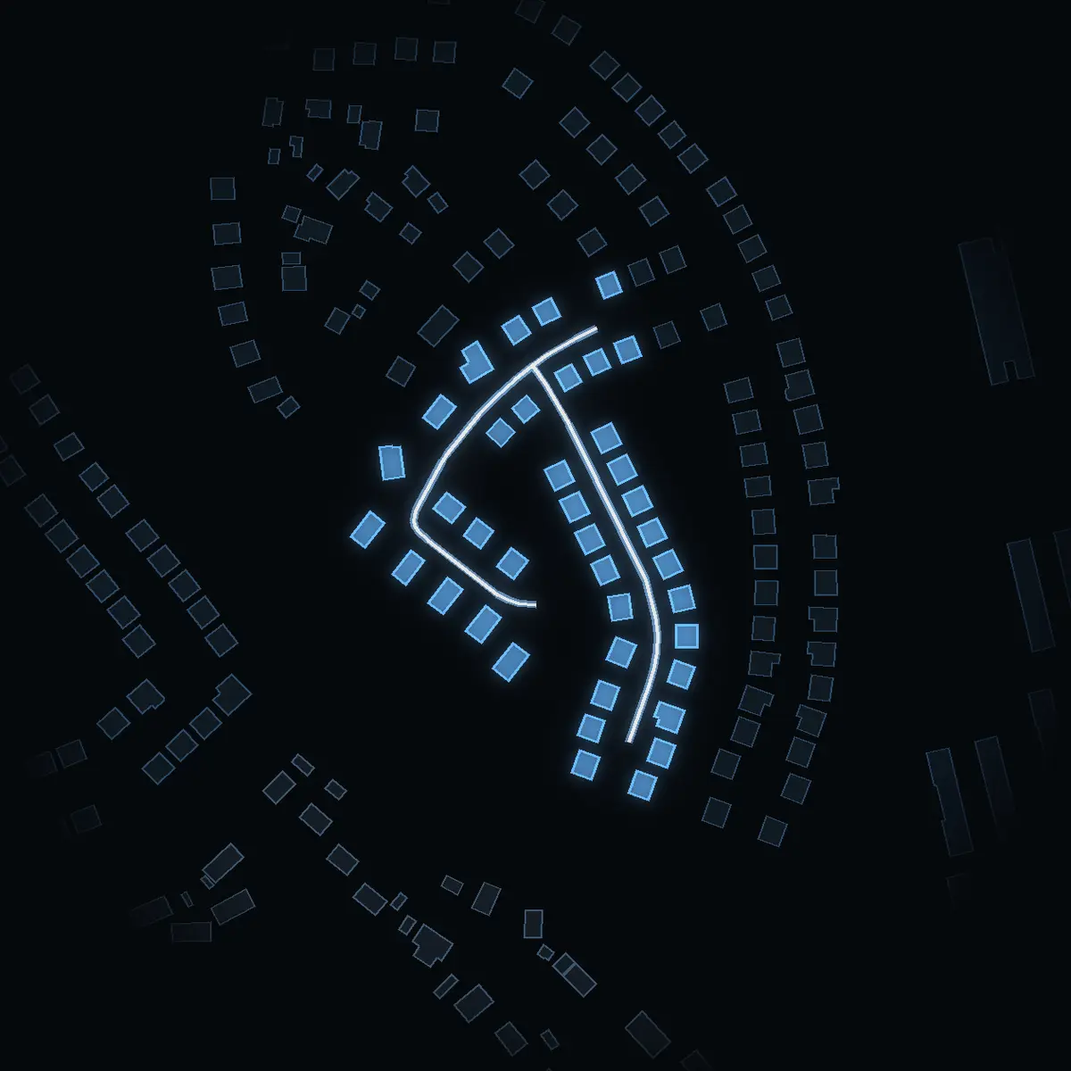 The street at night: Viggvägen drawn in white, its buildings lit in the colour of their area’s income