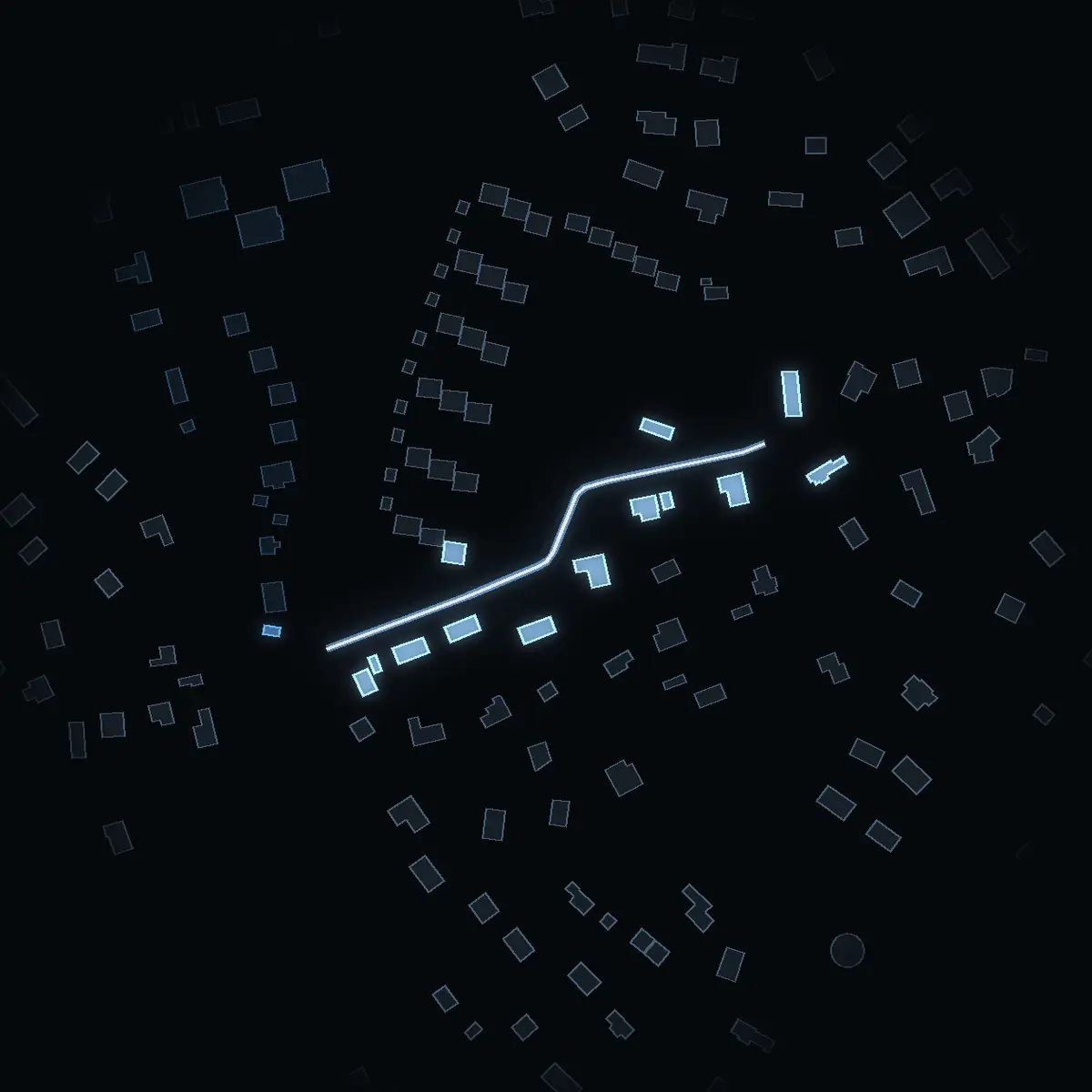 The street at night: Vinkelvägen drawn in white, its buildings lit in the colour of their area’s income