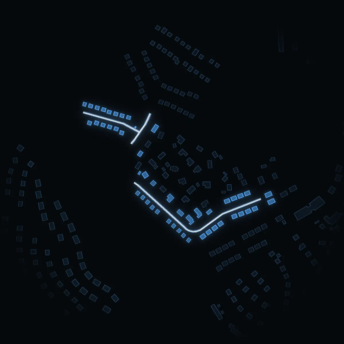 The street at night: Vivelvägen drawn in white, its buildings lit in the colour of their area’s income