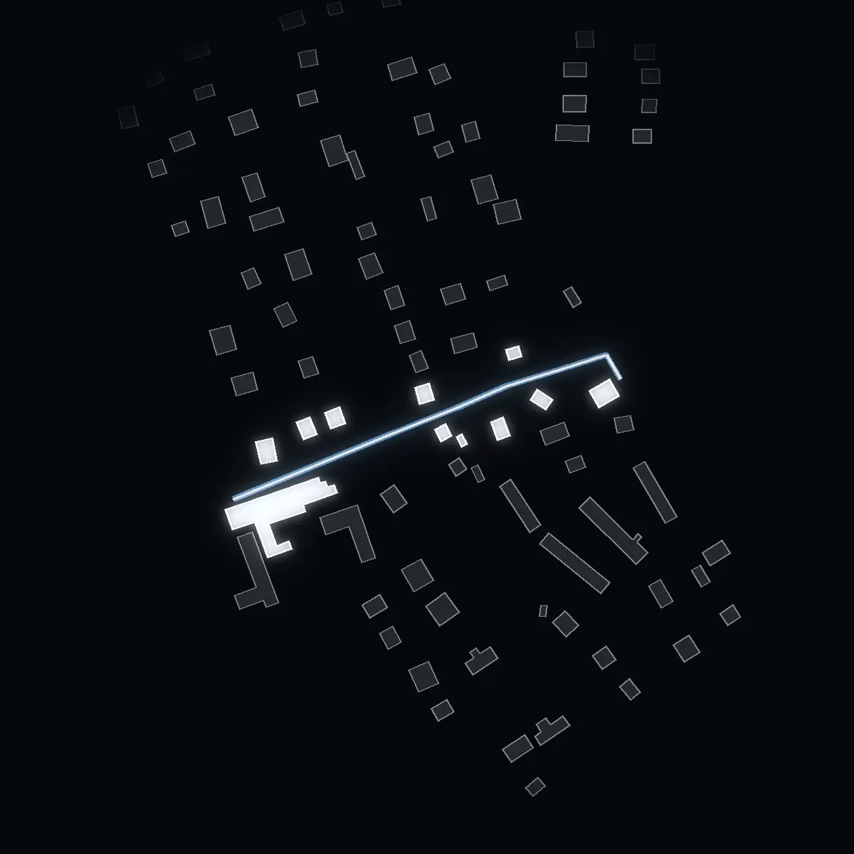 The street at night: Von Essens väg drawn in white, its buildings lit in the colour of their area’s income