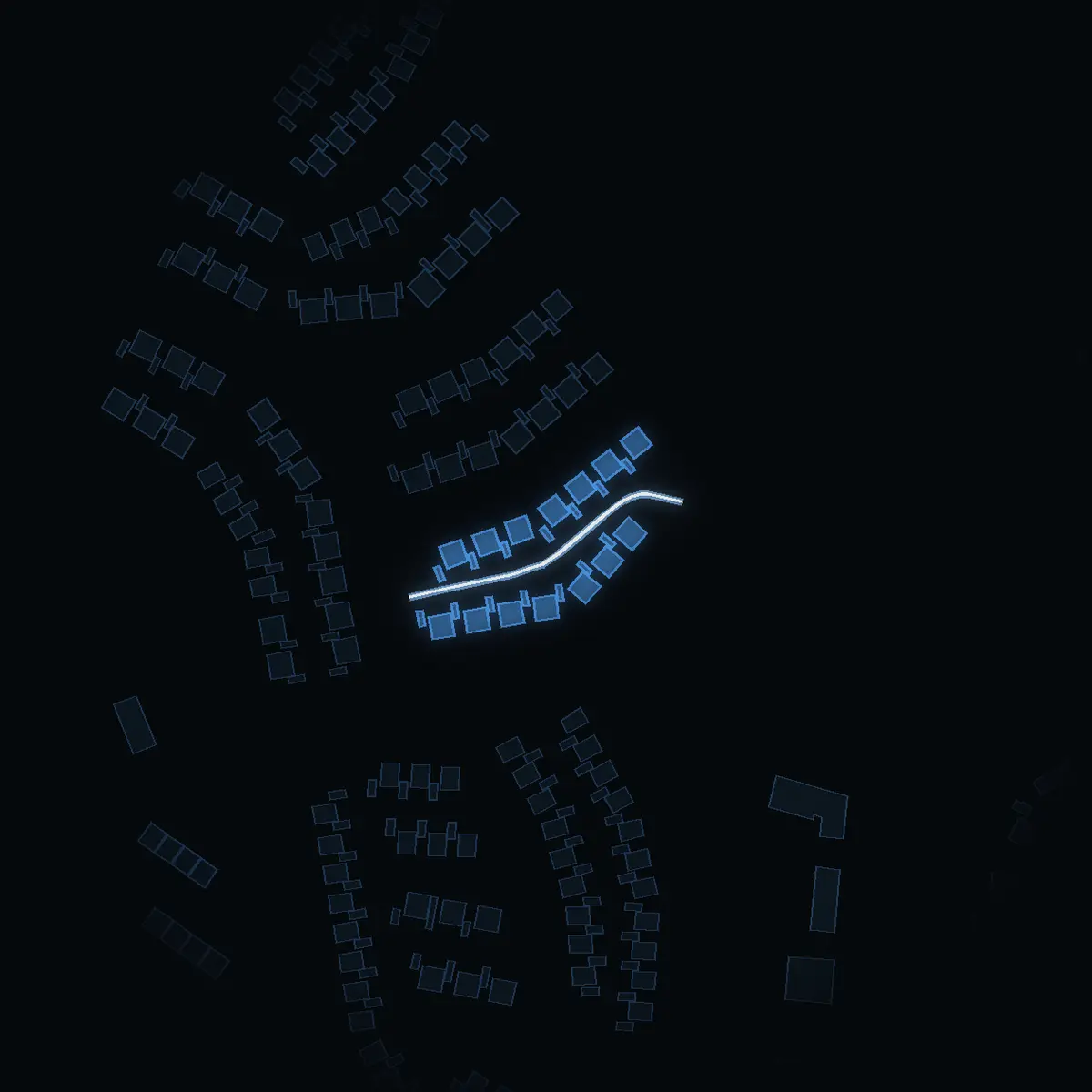 The street at night: Blåklintsstigen drawn in white, its buildings lit in the colour of their area’s income