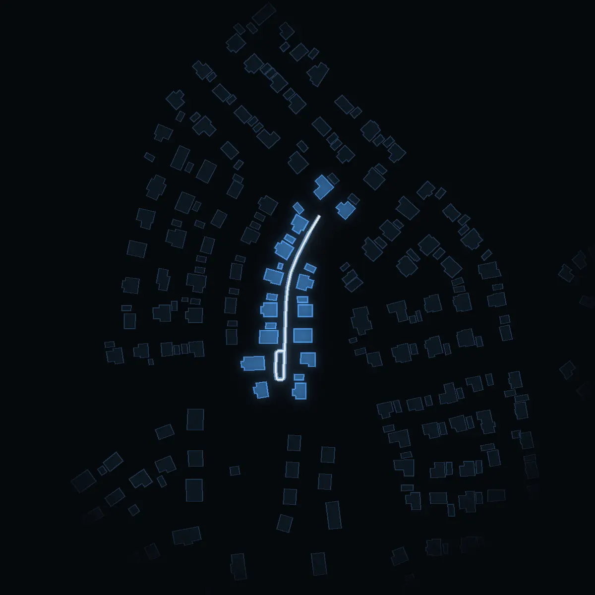 The street at night: Eldarstigen drawn in white, its buildings lit in the colour of their area’s income