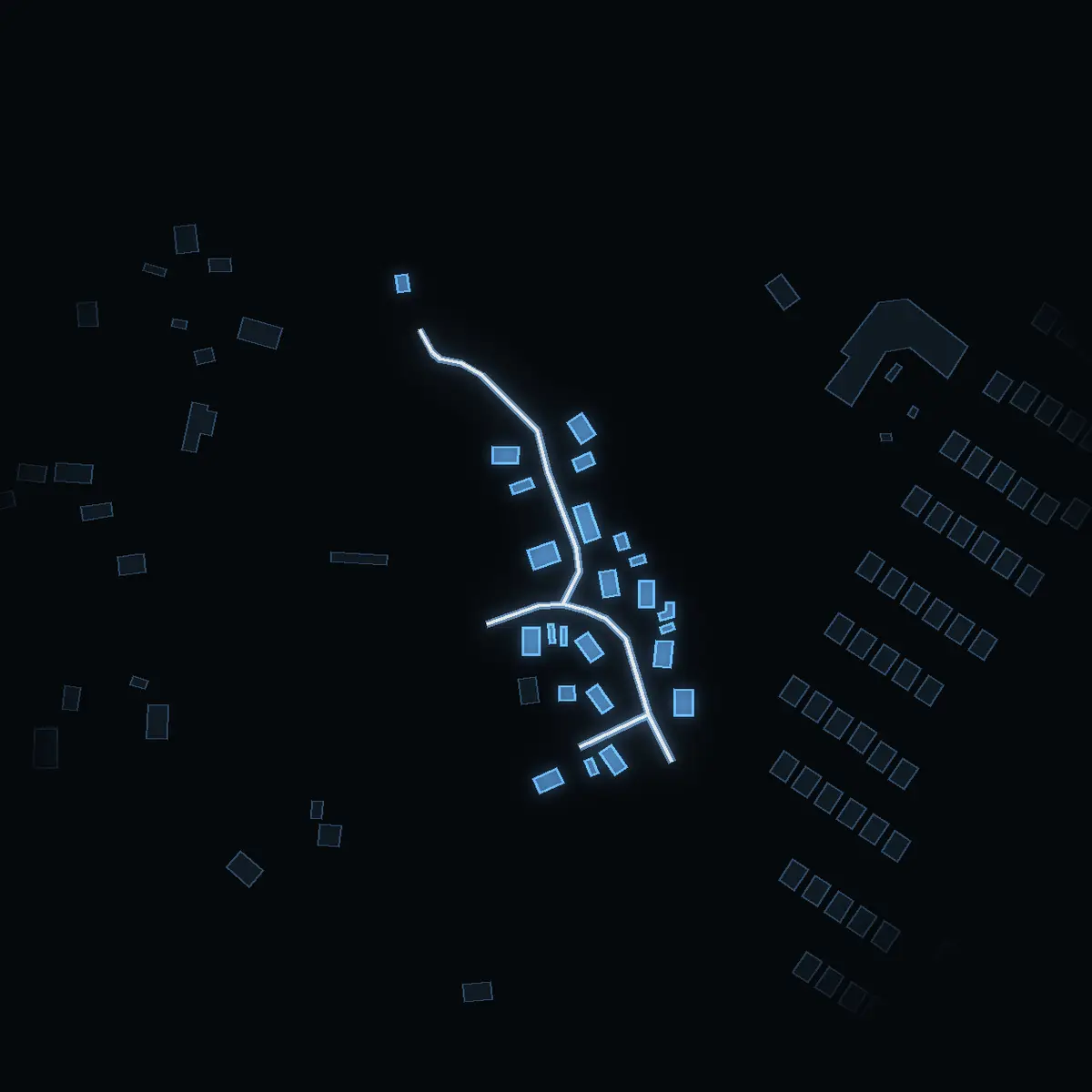 The street at night: Elgerudsvägen drawn in white, its buildings lit in the colour of their area’s income