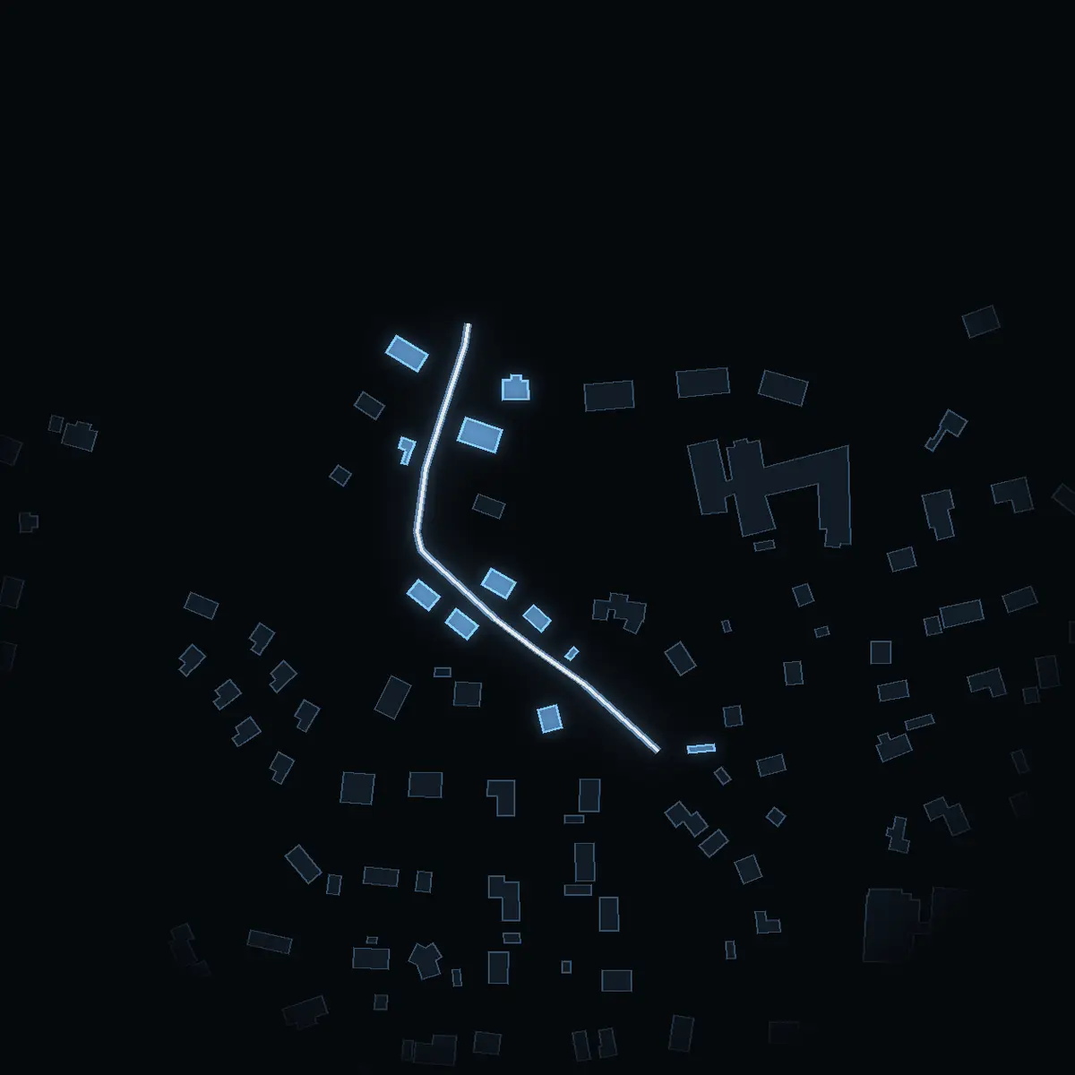 The street at night: Hemtorpsvägen drawn in white, its buildings lit in the colour of their area’s income