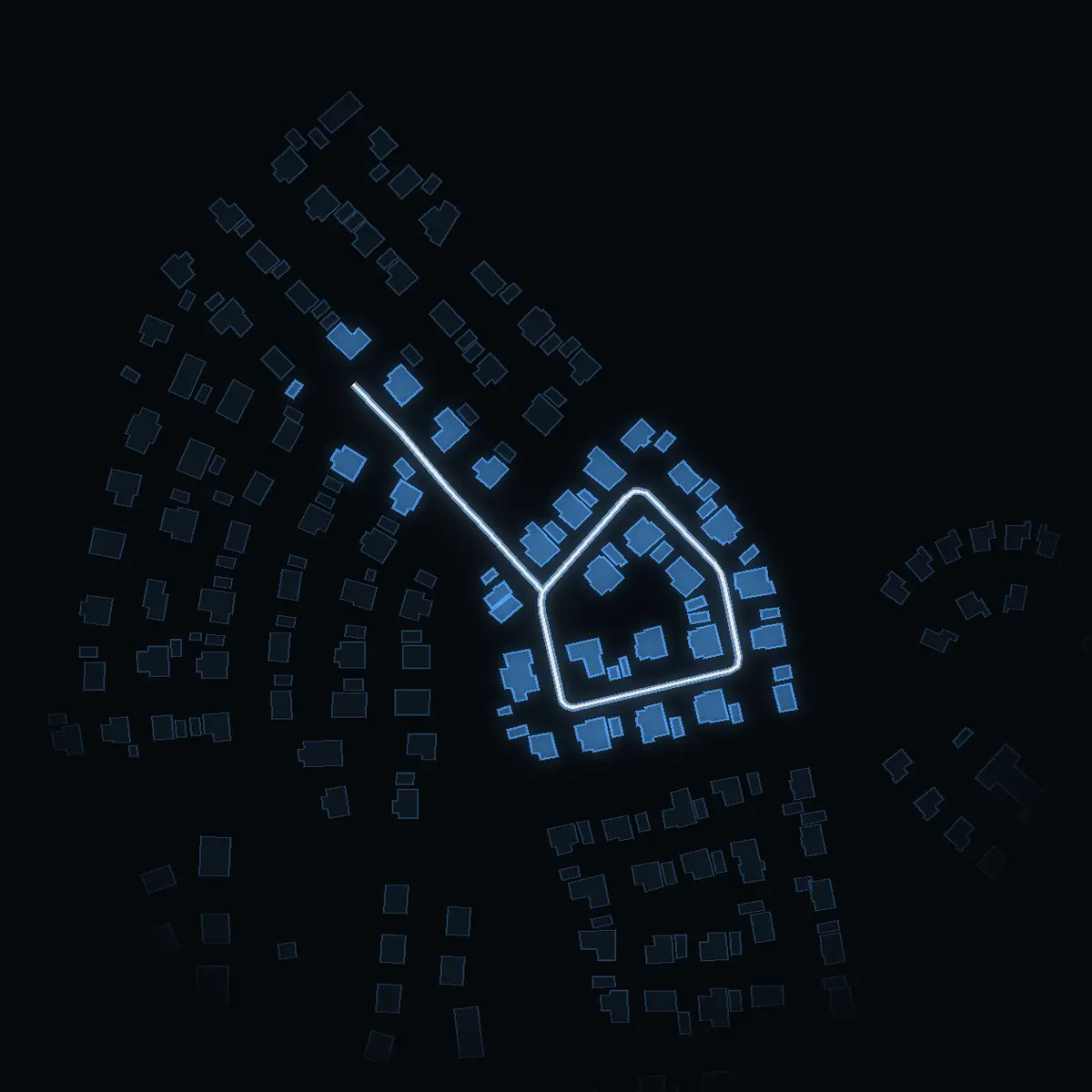 The street at night: Kokerskestigen drawn in white, its buildings lit in the colour of their area’s income